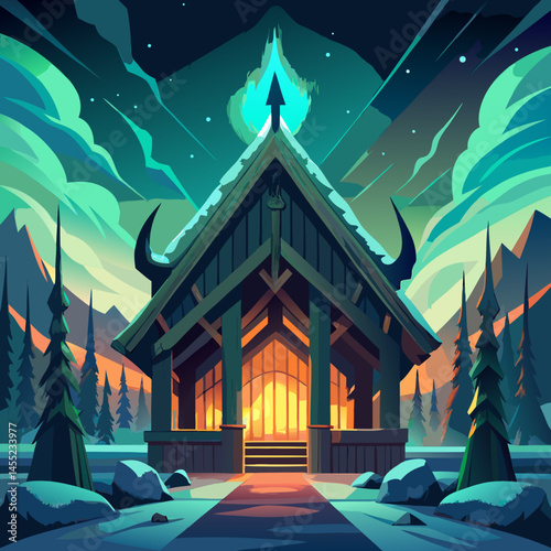 Viking house surrounded by a vast snowy landscape under a clear blue sky.