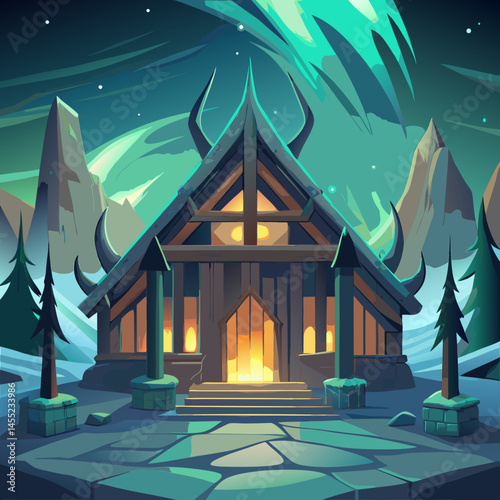 Viking house surrounded by a vast snowy landscape under a clear blue sky.