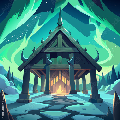 Viking house surrounded by a vast snowy landscape under a clear blue sky.