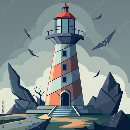 Lighthouse vector illustration with a tall structure, light beam, and waves, symbolizing guidance and safety at sea.
