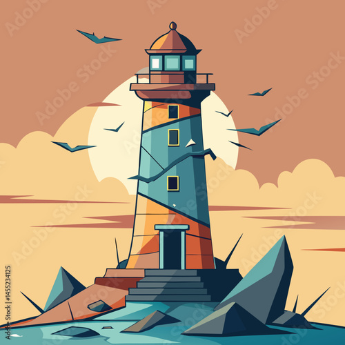 Lighthouse vector illustration with a tall structure, light beam, and waves, symbolizing guidance and safety at sea.