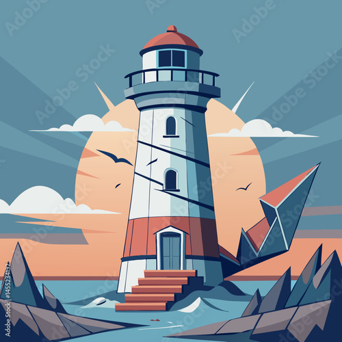 Lighthouse vector illustration with a tall structure, light beam, and waves, symbolizing guidance and safety at sea.