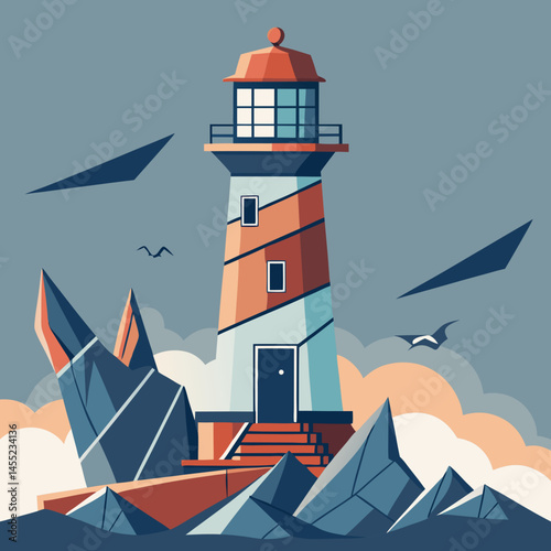 Lighthouse vector illustration with a tall structure, light beam, and waves, symbolizing guidance and safety at sea.