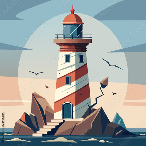 Lighthouse vector illustration with a tall structure, light beam, and waves, symbolizing guidance and safety at sea.