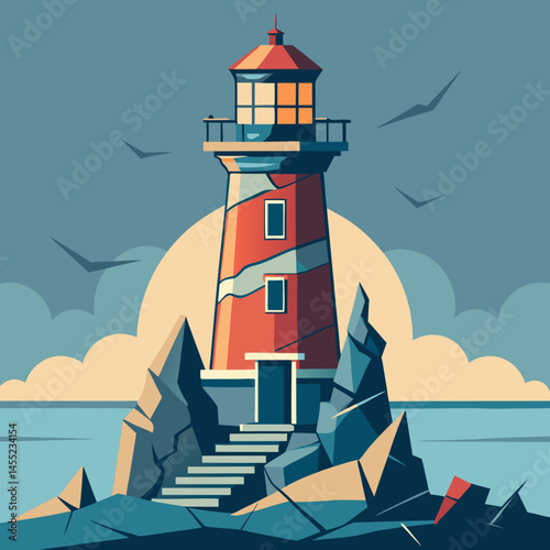 Lighthouse vector illustration with a tall structure, light beam, and waves, symbolizing guidance and safety at sea.