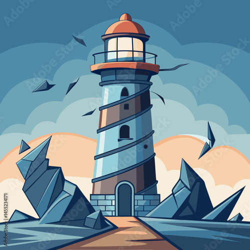 Lighthouse vector illustration with a tall structure, light beam, and waves, symbolizing guidance and safety at sea.