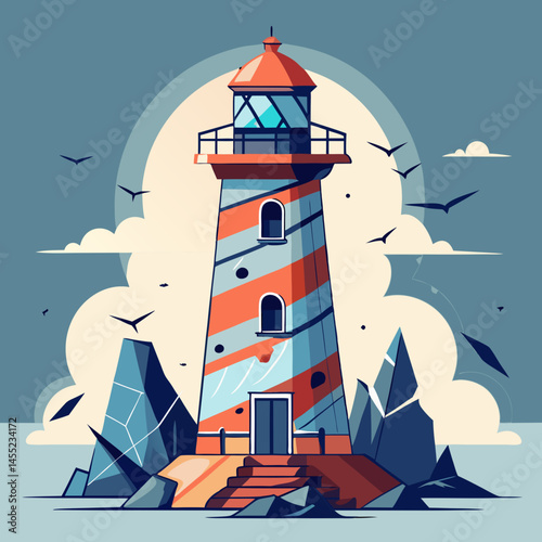 Lighthouse vector illustration with a tall structure, light beam, and waves, symbolizing guidance and safety at sea.