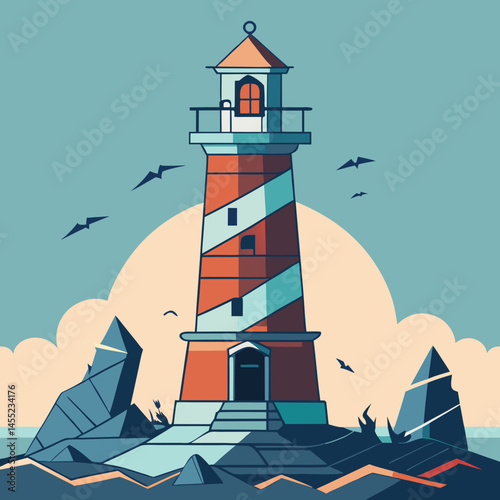 Lighthouse vector illustration with a tall structure, light beam, and waves, symbolizing guidance and safety at sea.