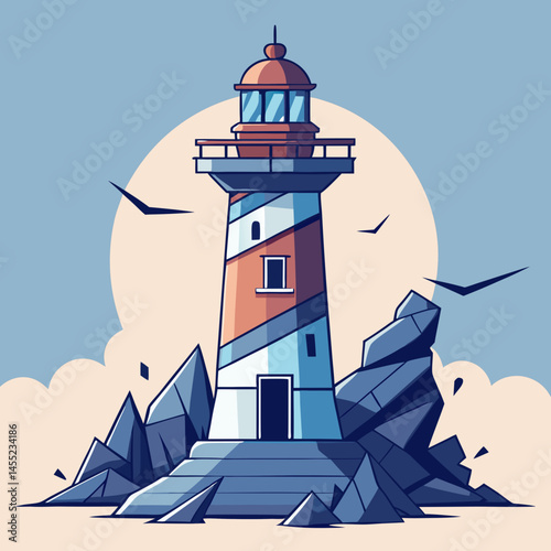 Lighthouse vector illustration with a tall structure, light beam, and waves, symbolizing guidance and safety at sea.