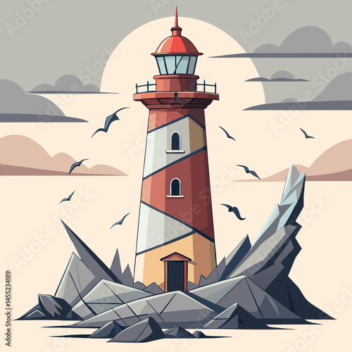 Lighthouse vector illustration with a tall structure, light beam, and waves, symbolizing guidance and safety at sea.
