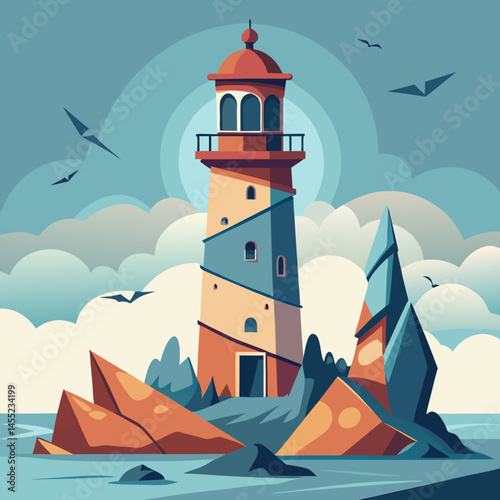 Lighthouse vector illustration with a tall structure, light beam, and waves, symbolizing guidance and safety at sea.