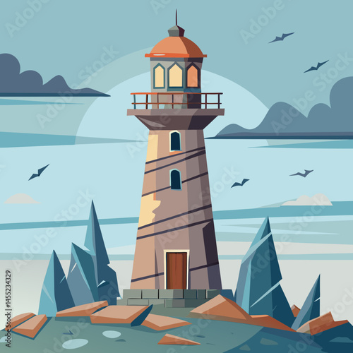 Lighthouse vector illustration with a tall structure, light beam, and waves, symbolizing guidance and safety at sea.