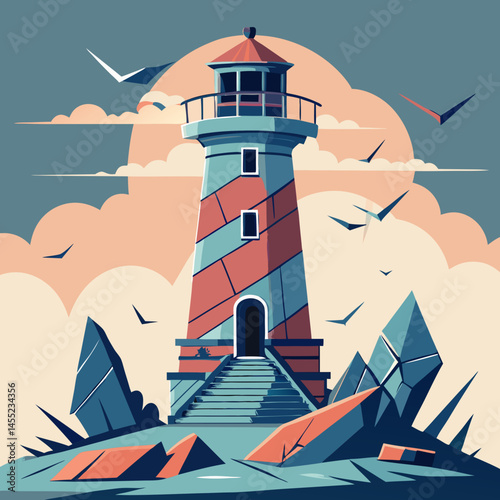 Lighthouse vector illustration with a tall structure, light beam, and waves, symbolizing guidance and safety at sea.