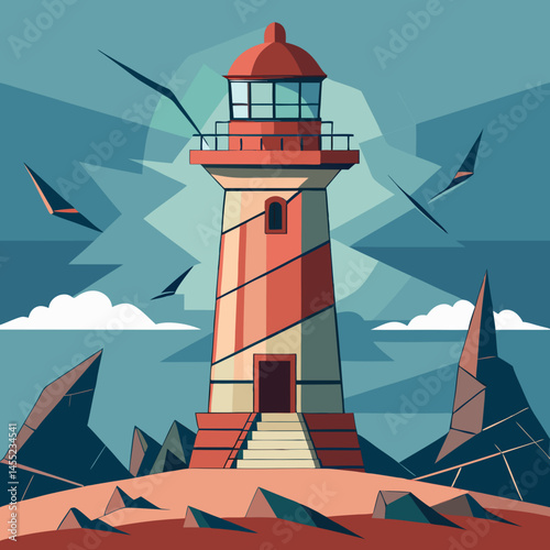 Lighthouse vector illustration with a tall structure, light beam, and waves, symbolizing guidance and safety at sea.