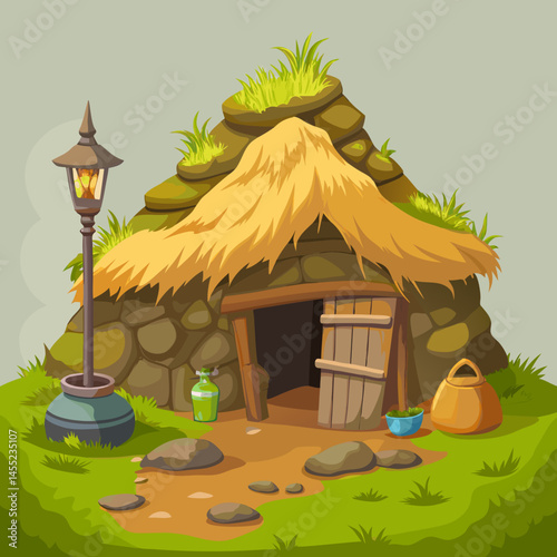 Cartoon illustration of a colorful hut on a tropical island surrounded by palm trees and blue water.