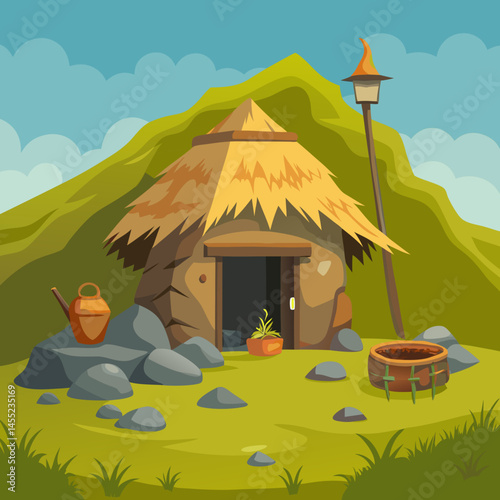 Cartoon illustration of a colorful hut on a tropical island surrounded by palm trees and blue water.