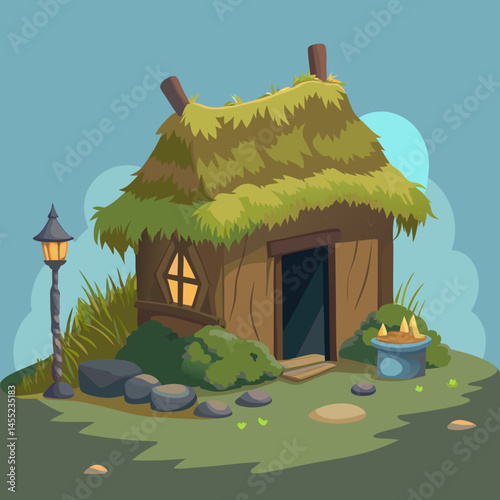 Cartoon illustration of a colorful hut on a tropical island surrounded by palm trees and blue water.