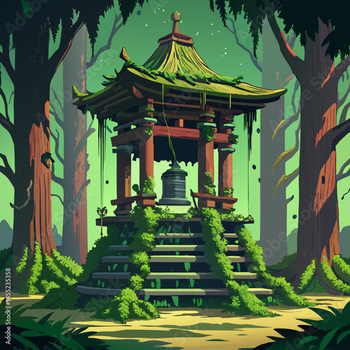 Japanese temple nestled in a lush green forest, surrounded by trees and natural tranquility.