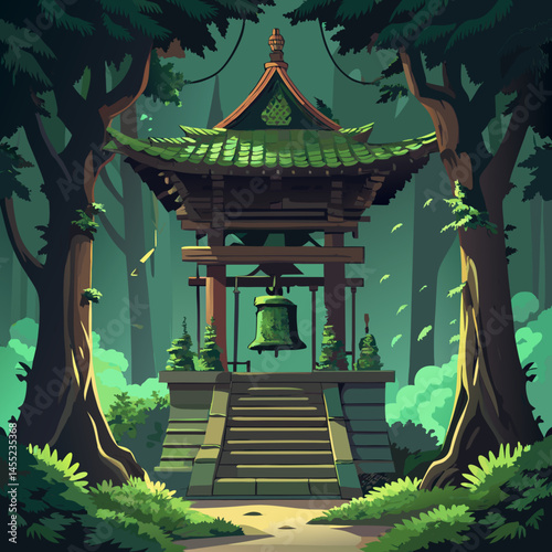 Japanese temple nestled in a lush green forest, surrounded by trees and natural tranquility.