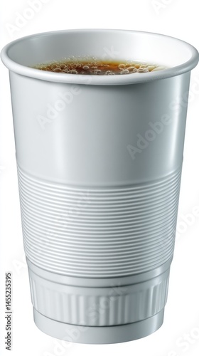 Disposable polystyrene cup filled with brown liquid and white bubbles, studio shot of a generic container