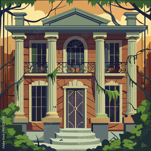 A cozy house nestled among tall trees in a serene forest setting, surrounded by greenery and natural beauty.