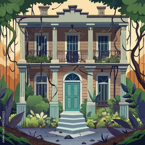 A cozy house nestled among tall trees in a serene forest setting, surrounded by greenery and natural beauty.