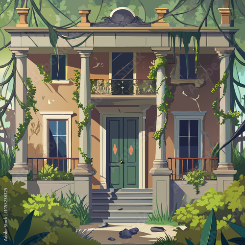A cozy house nestled among tall trees in a serene forest setting, surrounded by greenery and natural beauty.