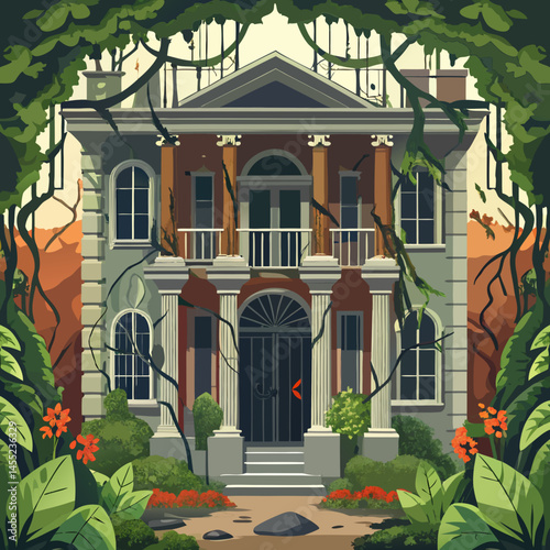 A cozy house nestled among tall trees in a serene forest setting, surrounded by greenery and natural beauty.
