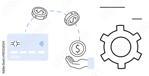 Credit card, coins in motion, and hand symbolize cash flow and monetary exchange. Gear emphasizes settings and automation. Ideal for banking, fintech, e-commerce, finance, technology app design