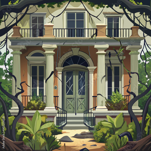 A cozy house nestled among tall trees in a serene forest setting, surrounded by greenery and natural beauty.