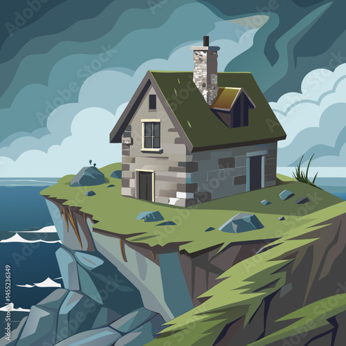 An illustration of a house situated on a small island surrounded by water and greenery.