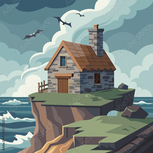 An illustration of a house situated on a small island surrounded by water and greenery.