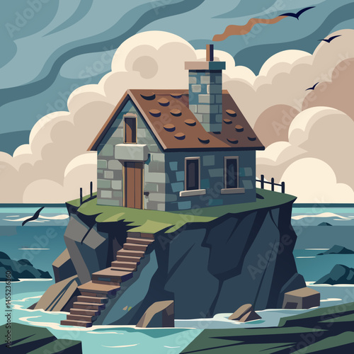 An illustration of a house situated on a small island surrounded by water and greenery.