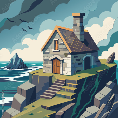 An illustration of a house situated on a small island surrounded by water and greenery.