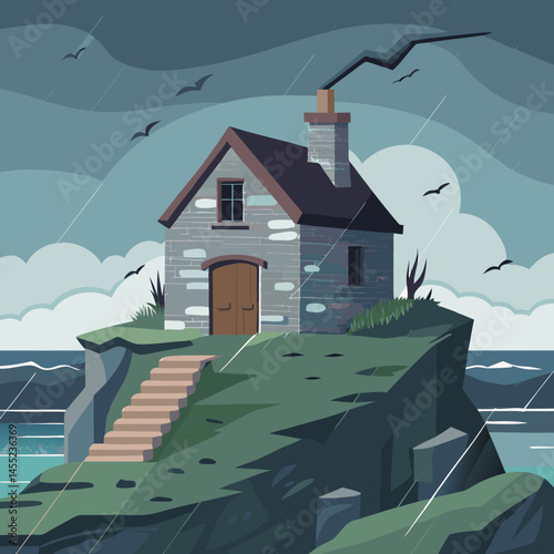 An illustration of a house situated on a small island surrounded by water and greenery.