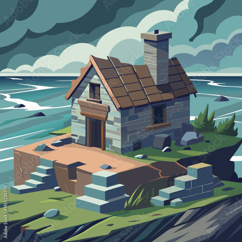 An illustration of a house situated on a small island surrounded by water and greenery.