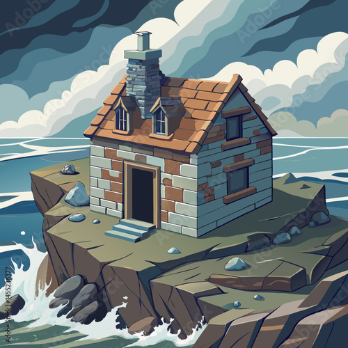 An illustration of a house situated on a small island surrounded by water and greenery.