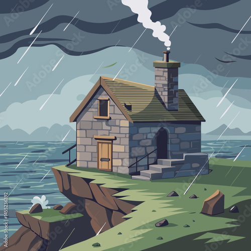 An illustration of a house situated on a small island surrounded by water and greenery.