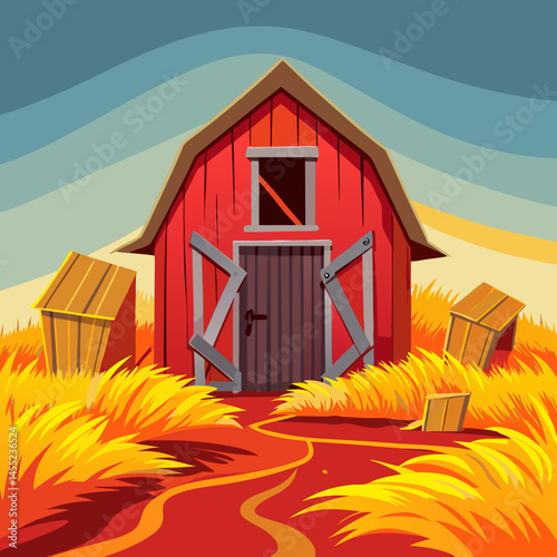 An illustration of a barn in a field featuring a prominent red door.