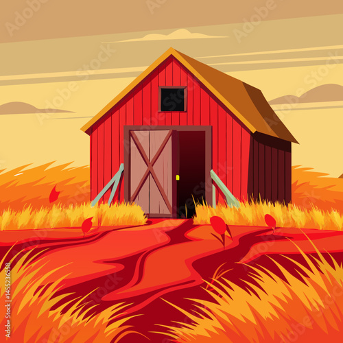 An illustration of a barn in a field featuring a prominent red door.