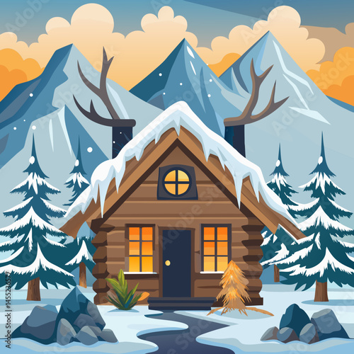 Winter landscape featuring a cozy log cabin with smoke rising from a nearby fire, surrounded by snow-covered trees.