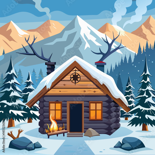 Winter landscape featuring a cozy log cabin with smoke rising from a nearby fire, surrounded by snow-covered trees.