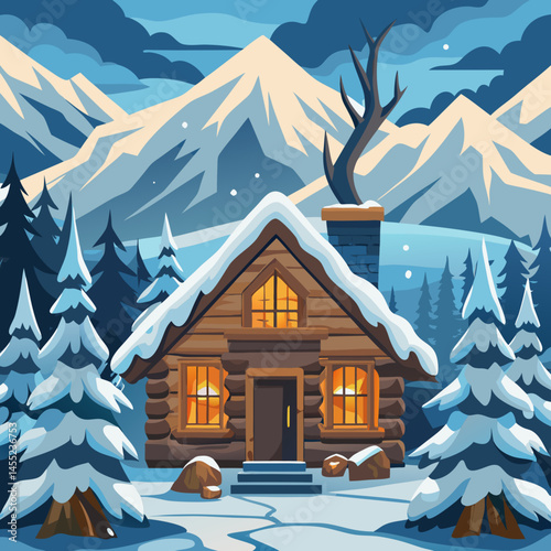 Winter landscape featuring a cozy log cabin with smoke rising from a nearby fire, surrounded by snow-covered trees.
