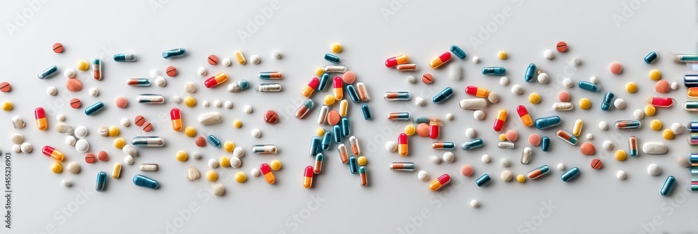 Floating Human Figure Creatively Formed From an Arrangement of Colorful Medicines and Capsules on a Neutral Background Generative AI Floating Human Figure Creatively Formed From an Arrangement of Colorful Medicines and Capsules on a Neutral Background Generative AI