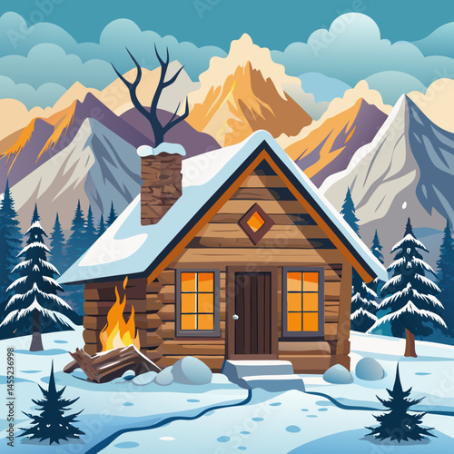 Winter landscape featuring a cozy log cabin with smoke rising from a nearby fire, surrounded by snow-covered trees.