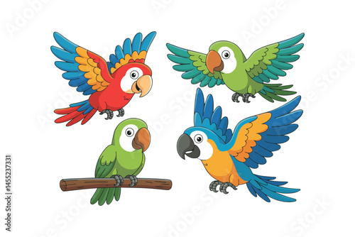 Colorful parrot illustration set tropical birds cartoon macaw wildlife nature animals flight wings feathers green red blue