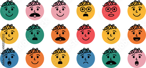 Happy colorful cartoon faces diverse expressions set illustration joy fun man cute mood smile icons image style funny