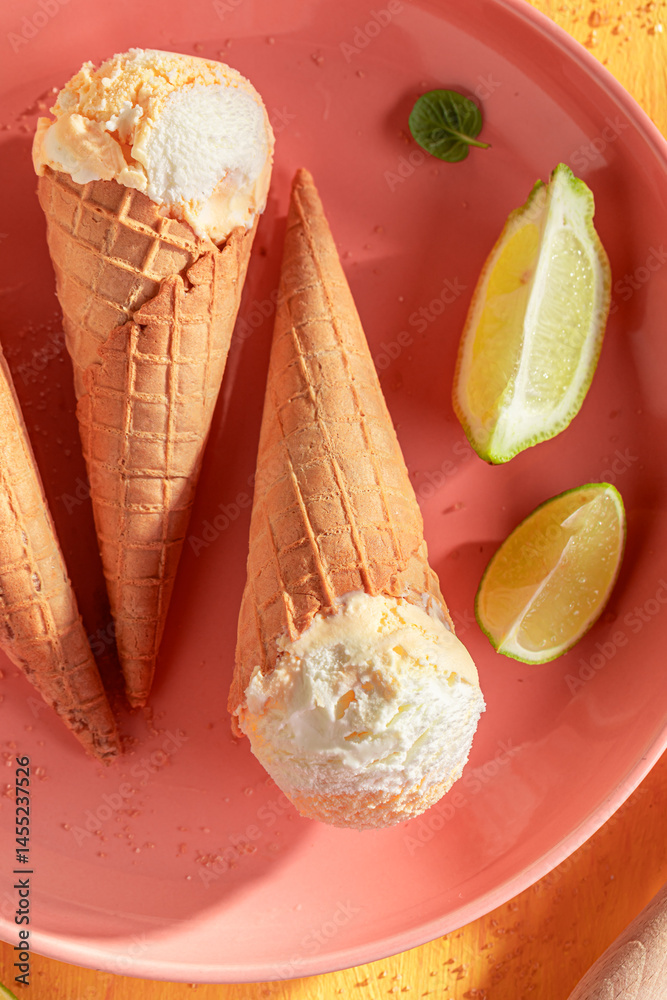 Sour and sweet lemon ice cream in a waffle cone.