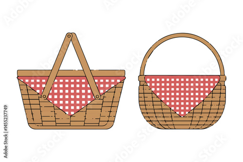 Two classic picnic baskets with red gingham liners ready for outdoor summer fun and adventures food white style woven
