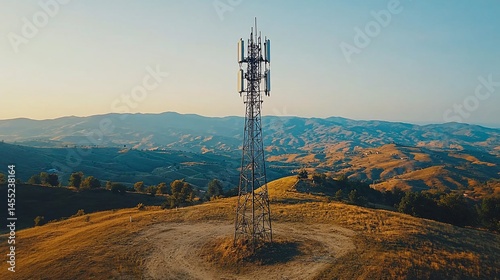 Telecommunication tower atop a hill overlooking a valley